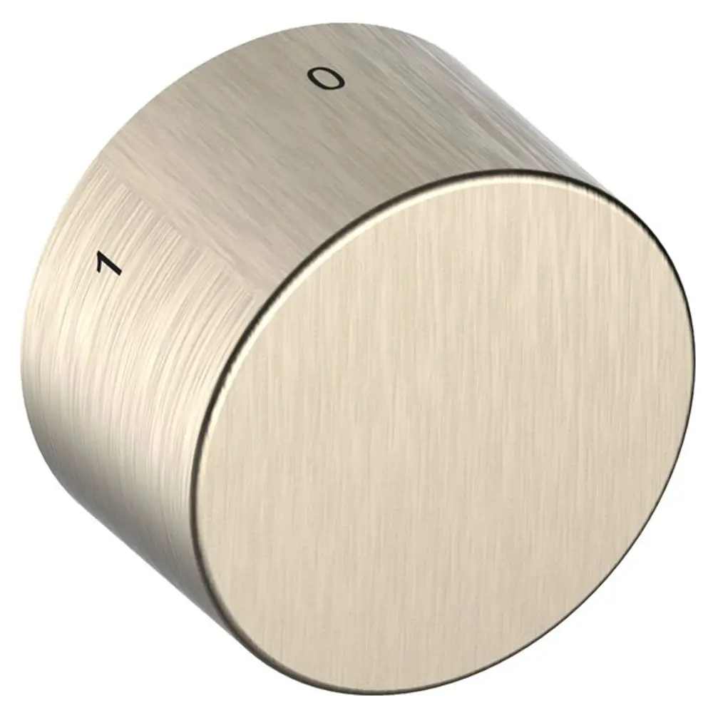Metallischer Bedienknopf von Keuco mit zwei Zahlen (0 und 1) auf der Oberfläche. Rund mit gebürsteter Oberfläche.